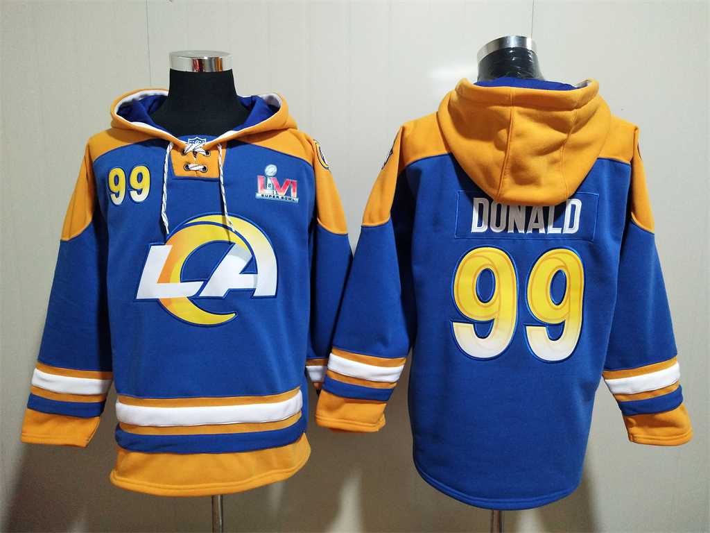 Rams 99 Aaron Donald Royal Super Bowl LVI All Stitched Sweatshirt Hoodie,We sell and wholesale Rams 99 Aaron Donald Royal Super Bowl LVI All Stitched Sweatshirt Hoodie on line form chian!